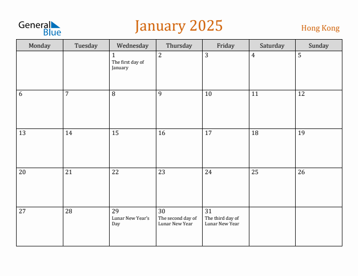 January 2025 Holiday Calendar with Monday Start