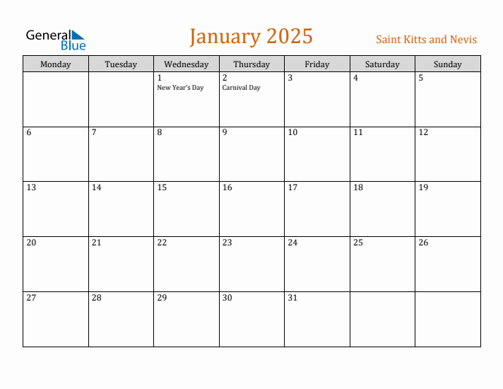 January 2025 Holiday Calendar with Monday Start