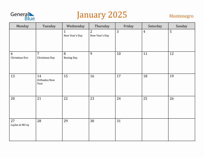 January 2025 Holiday Calendar with Monday Start