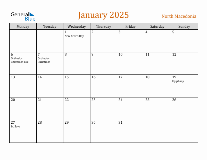 January 2025 Holiday Calendar with Monday Start