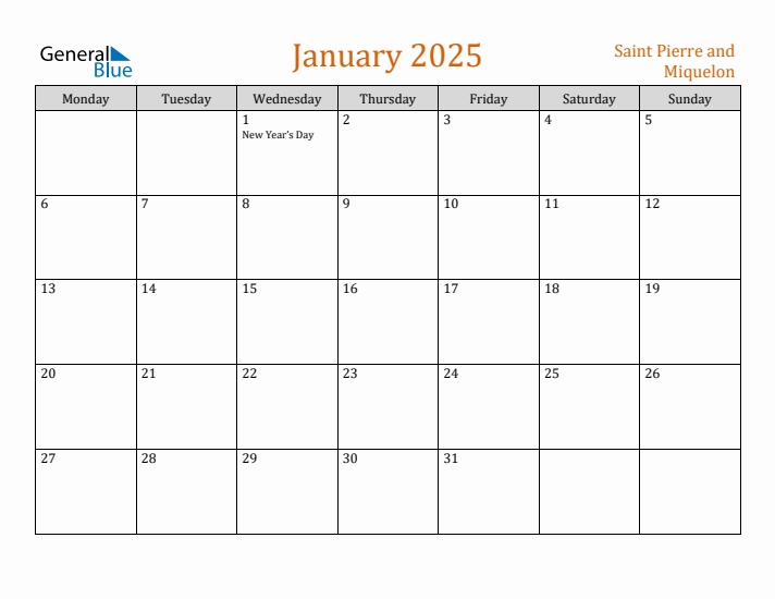 January 2025 Holiday Calendar with Monday Start