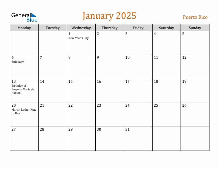 January 2025 Holiday Calendar with Monday Start