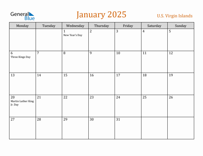 January 2025 Holiday Calendar with Monday Start