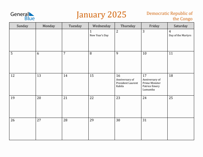 January 2025 Holiday Calendar with Sunday Start