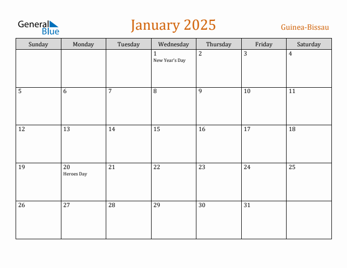 January 2025 Holiday Calendar with Sunday Start