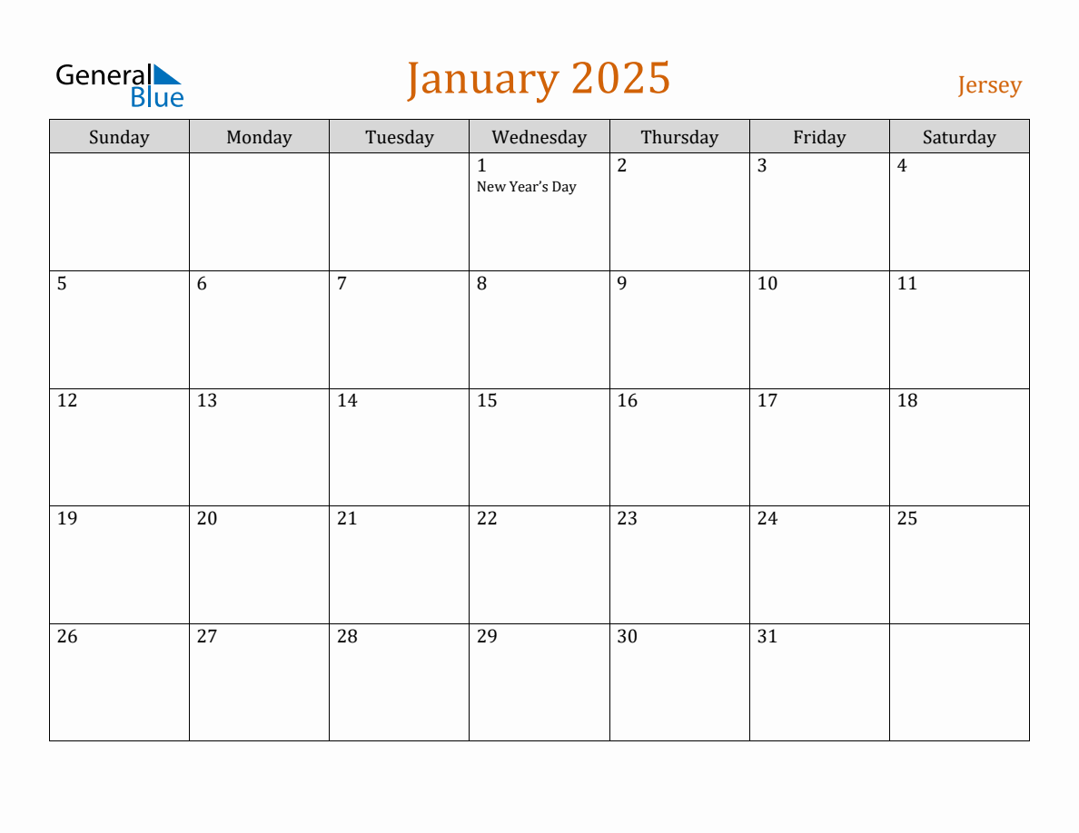 Free January 2025 Jersey Calendar