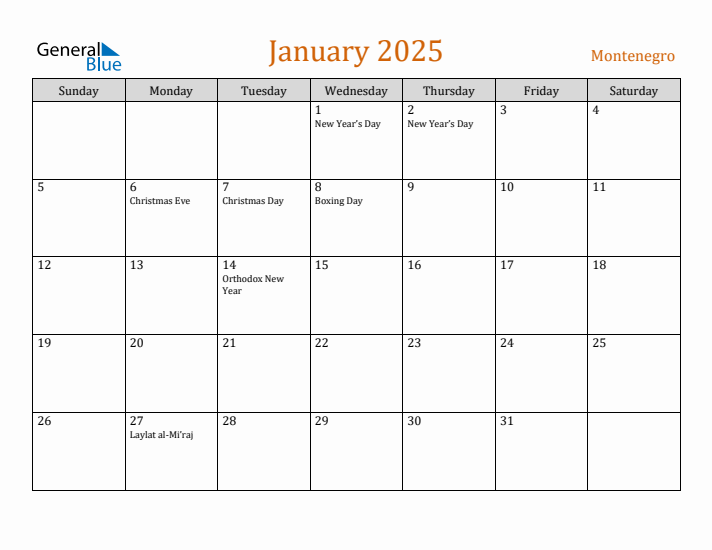 January 2025 Holiday Calendar with Sunday Start