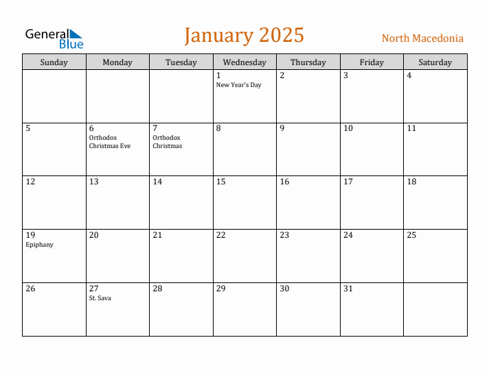 January 2025 Holiday Calendar with Sunday Start