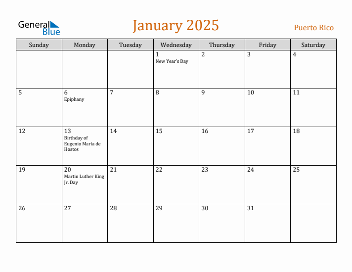 January 2025 Holiday Calendar with Sunday Start