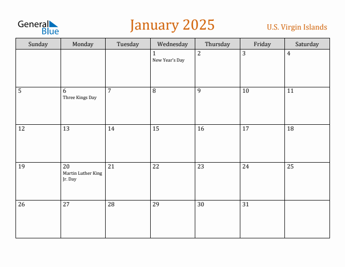 January 2025 Holiday Calendar with Sunday Start