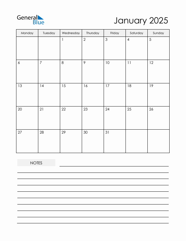 Printable Calendar with Notes - January 2025