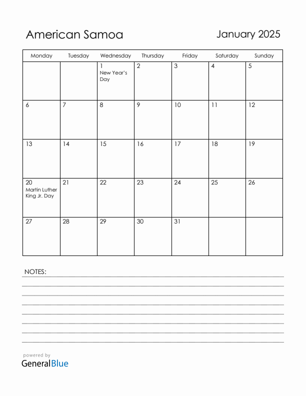 January 2025 American Samoa Calendar with Holidays (Monday Start)