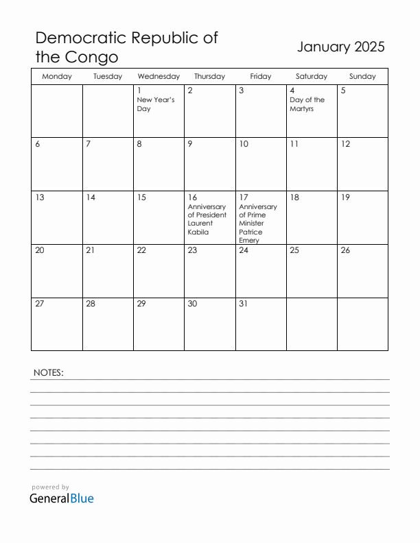 January 2025 Democratic Republic of the Congo Calendar with Holidays (Monday Start)