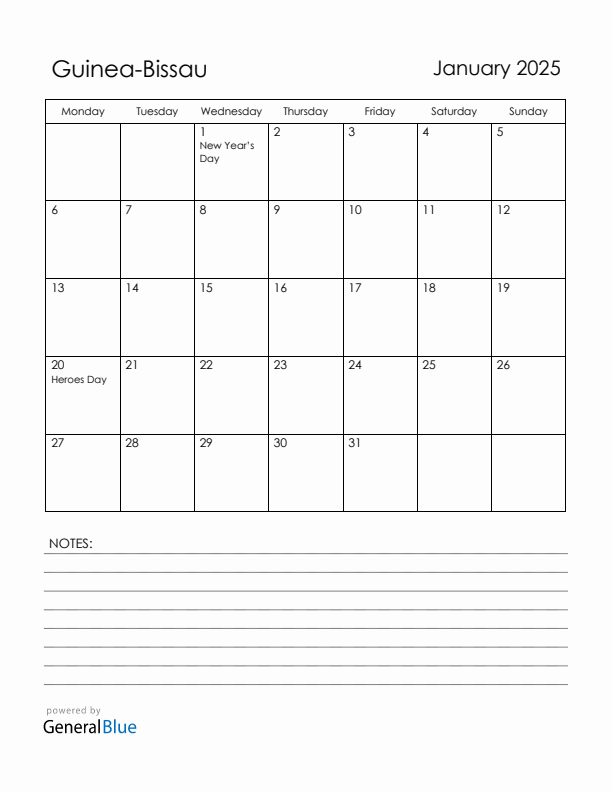 January 2025 Guinea-Bissau Calendar with Holidays (Monday Start)