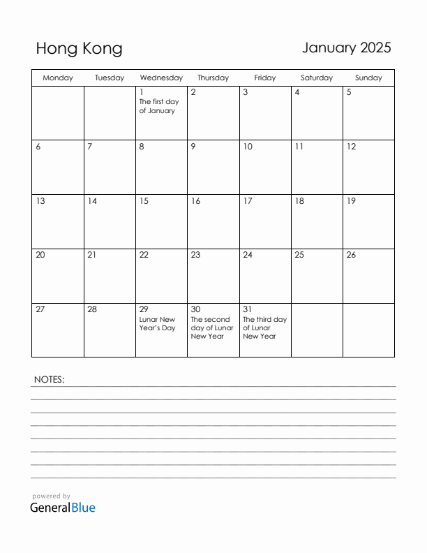 January 2025 Hong Kong Calendar with Holidays (Monday Start)