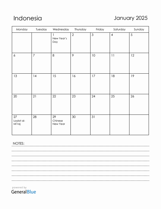 January 2025 Indonesia Calendar with Holidays (Monday Start)