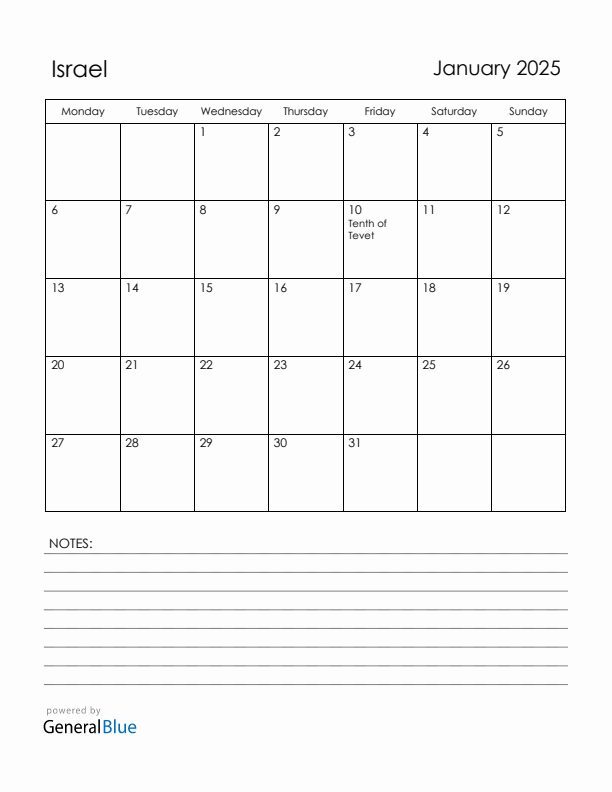 January 2025 Israel Calendar with Holidays (Monday Start)