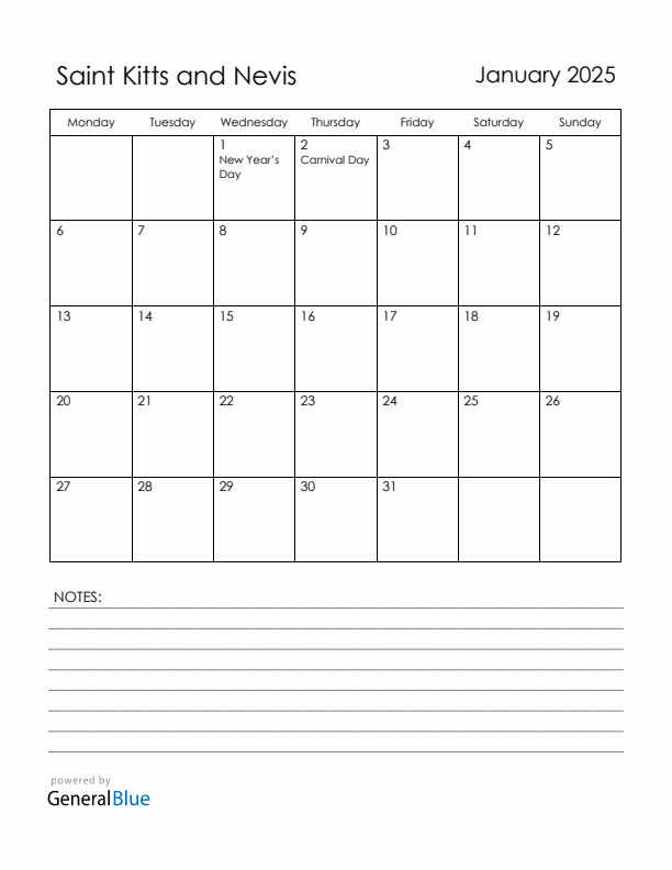 January 2025 Saint Kitts and Nevis Calendar with Holidays (Monday Start)