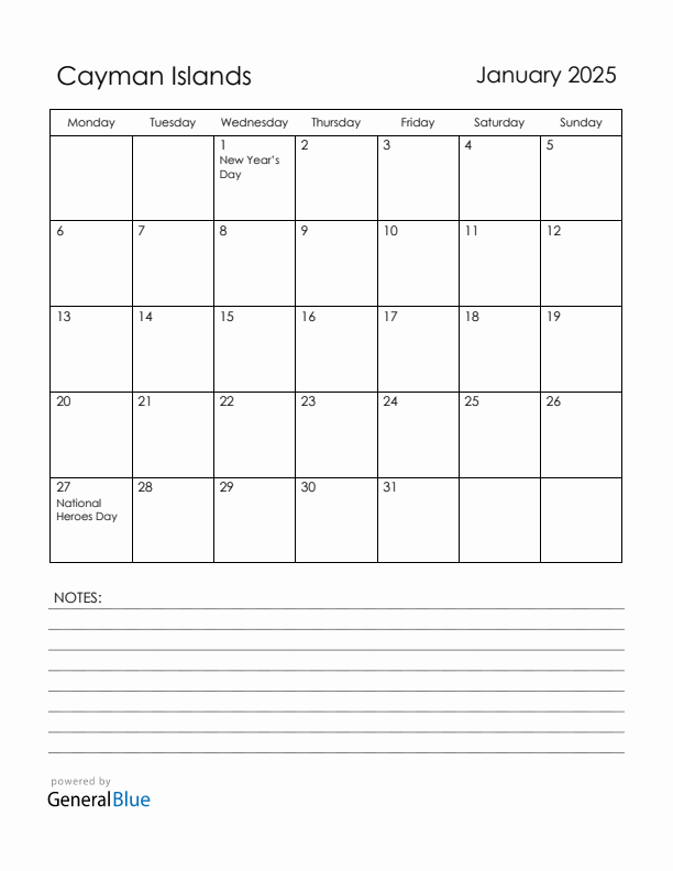 January 2025 Cayman Islands Calendar with Holidays (Monday Start)