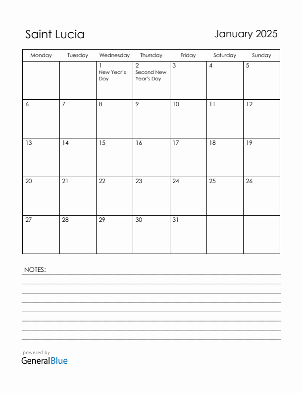 January 2025 Saint Lucia Calendar with Holidays (Monday Start)