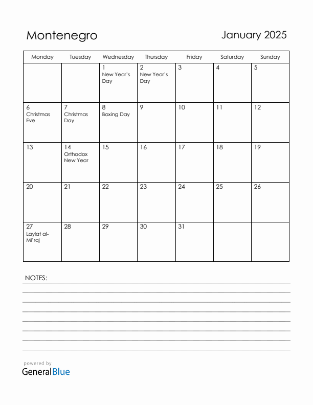 January 2025 Montenegro Calendar with Holidays (Monday Start)