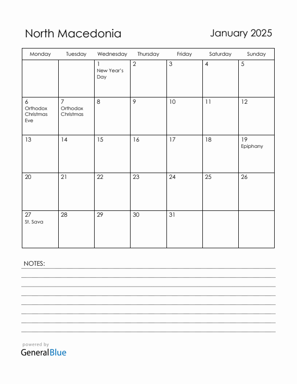 January 2025 North Macedonia Calendar with Holidays (Monday Start)