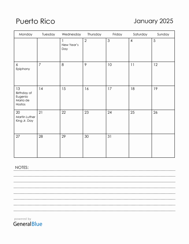 January 2025 Puerto Rico Calendar with Holidays (Monday Start)