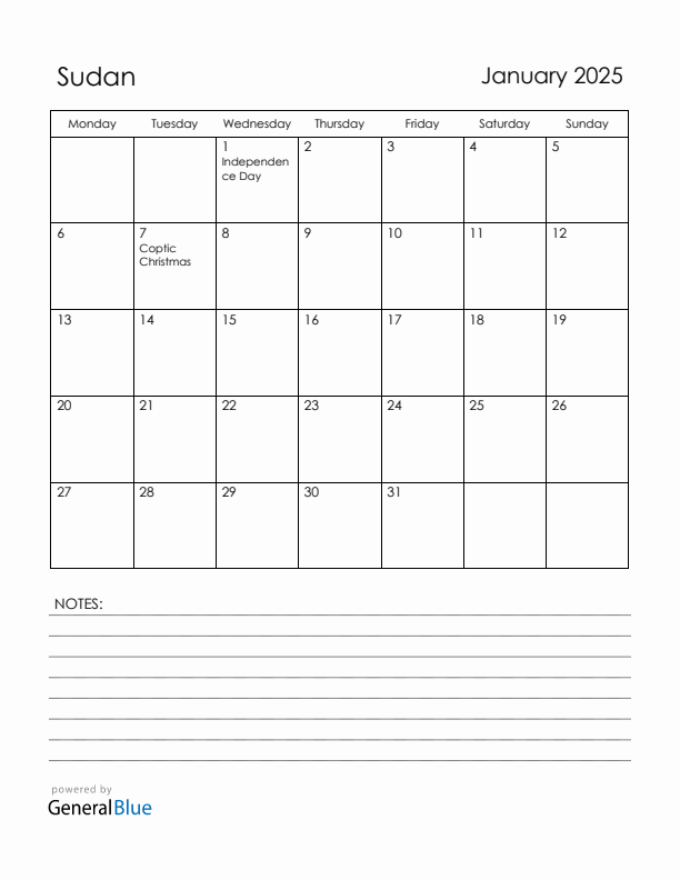 January 2025 Sudan Calendar with Holidays (Monday Start)
