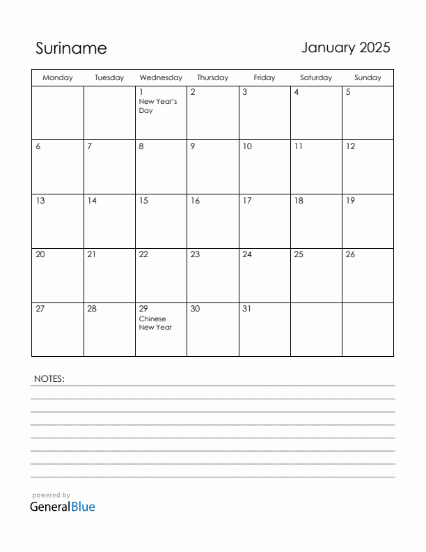 January 2025 Suriname Calendar with Holidays (Monday Start)