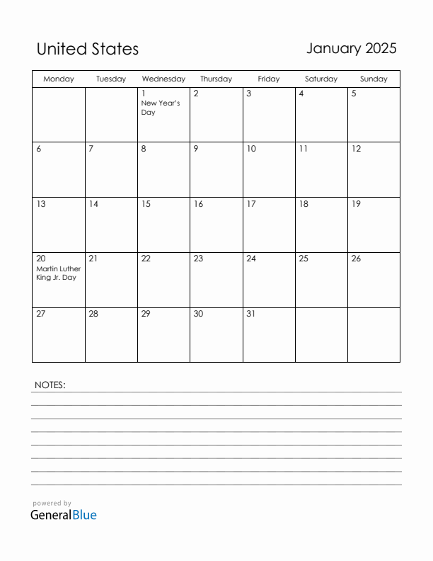 January 2025 Monthly Calendar Template with Holidays for United States