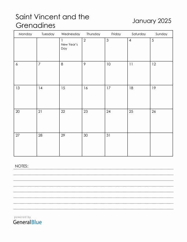 January 2025 Saint Vincent and the Grenadines Calendar with Holidays (Monday Start)