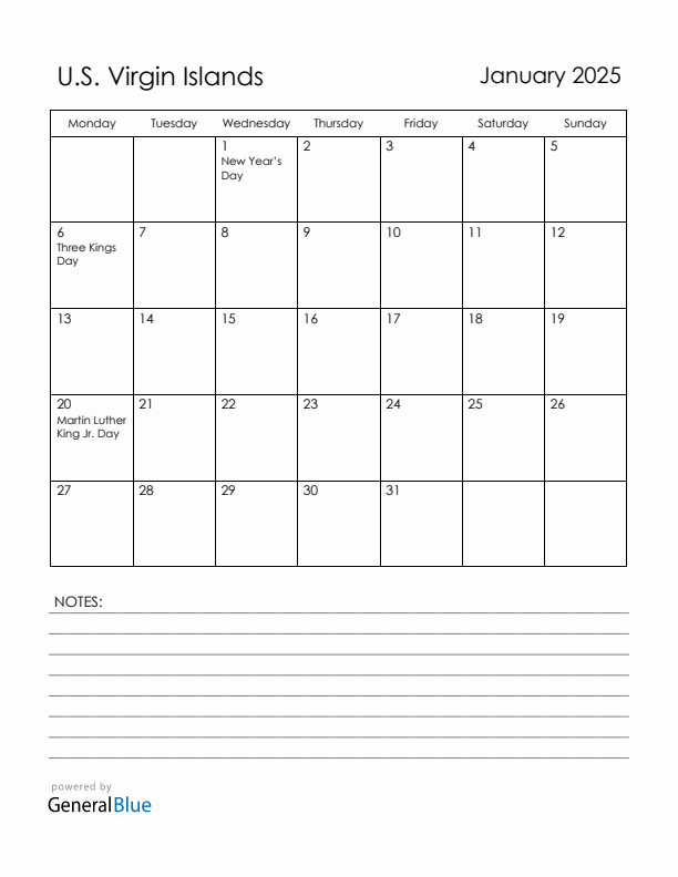 January 2025 U.S. Virgin Islands Calendar with Holidays (Monday Start)
