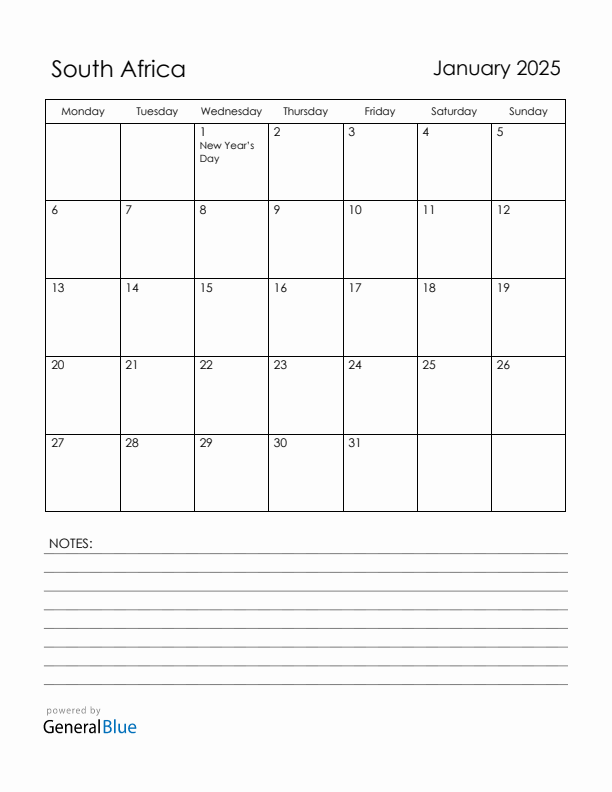 January 2025 South Africa Calendar with Holidays