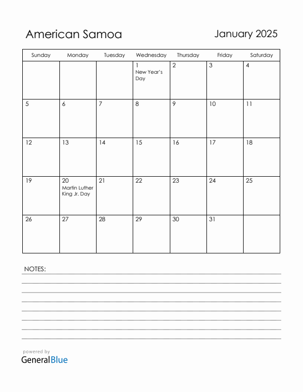 January 2025 American Samoa Calendar with Holidays (Sunday Start)