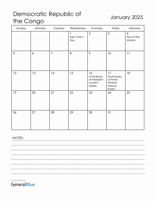 January 2025 Democratic Republic of the Congo Calendar with Holidays (Sunday Start)