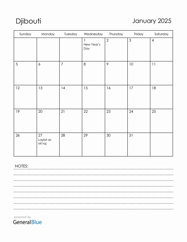 January 2025 Djibouti Calendar with Holidays (Sunday Start)