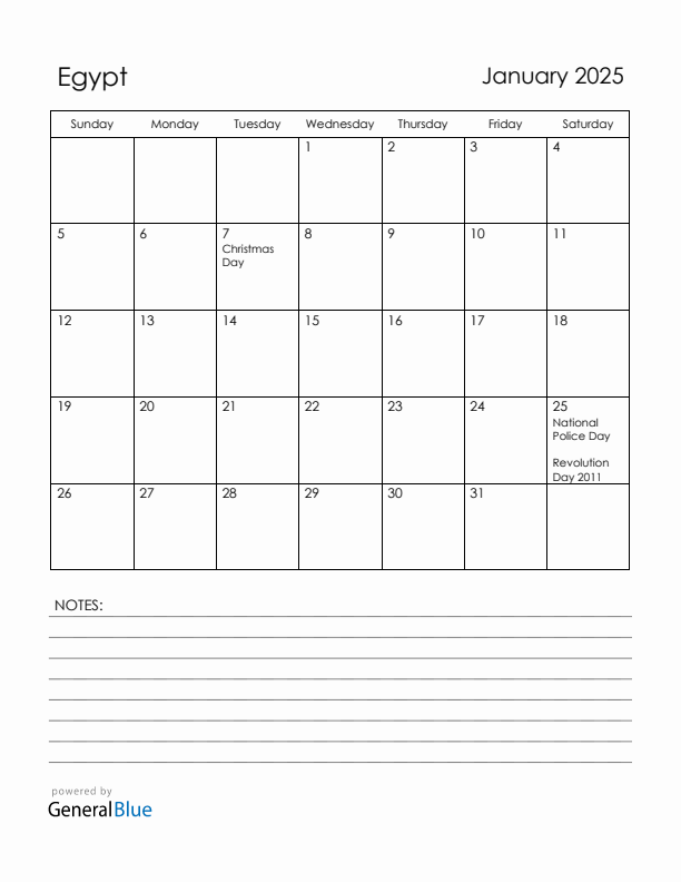 January 2025 Egypt Calendar with Holidays (Sunday Start)