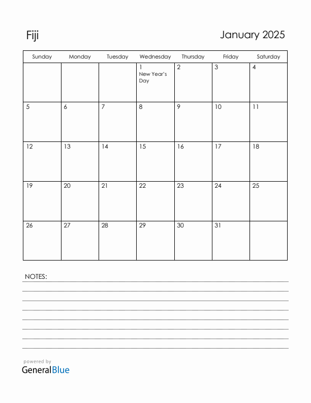 January 2025 Fiji Calendar with Holidays (Sunday Start)