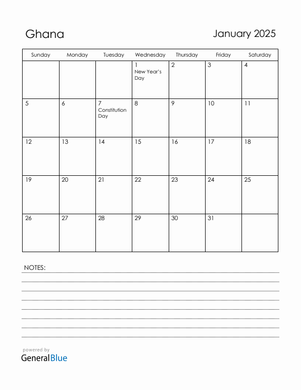 January 2025 Ghana Calendar with Holidays (Sunday Start)