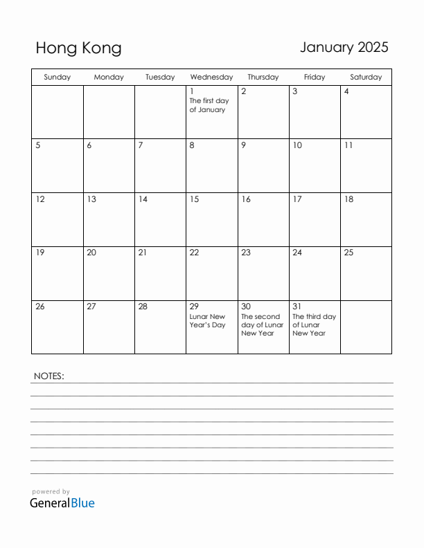 January 2025 Hong Kong Calendar with Holidays (Sunday Start)