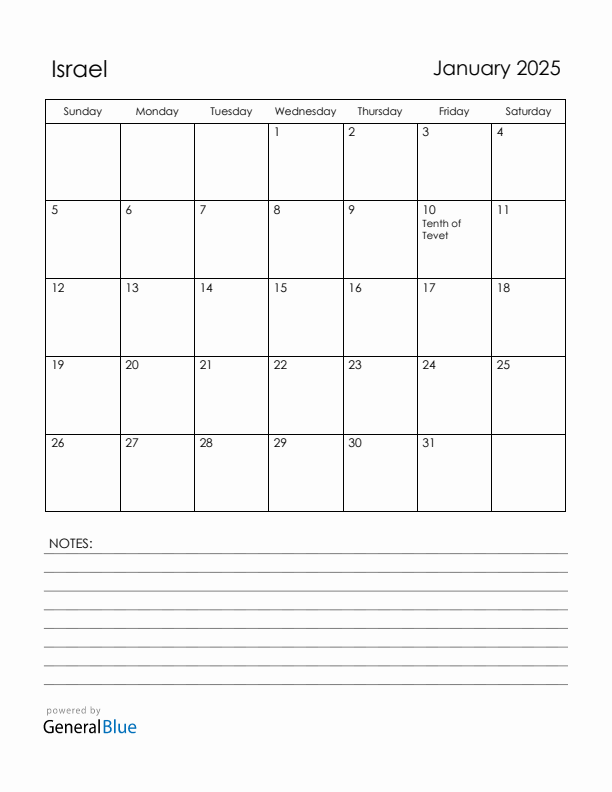 January 2025 Israel Calendar with Holidays (Sunday Start)