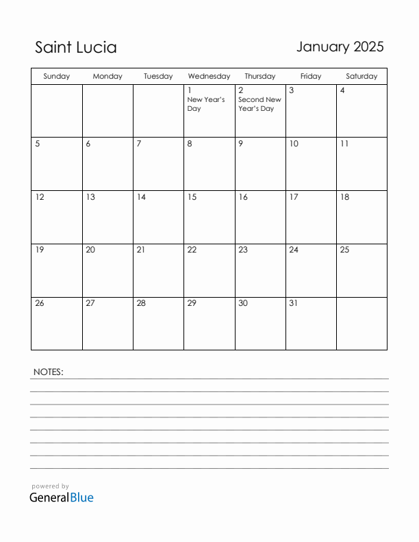 January 2025 Saint Lucia Calendar with Holidays (Sunday Start)