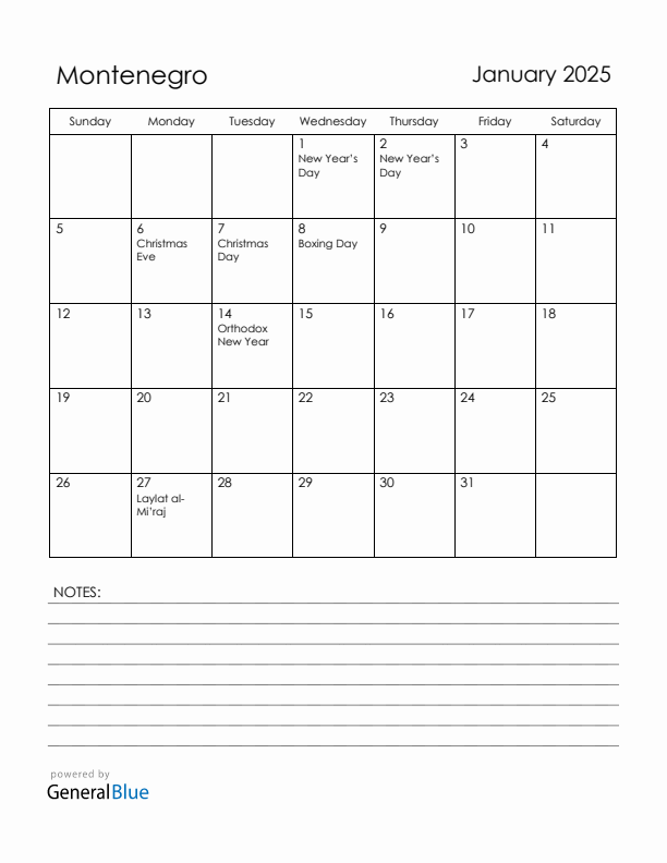 January 2025 Montenegro Calendar with Holidays (Sunday Start)