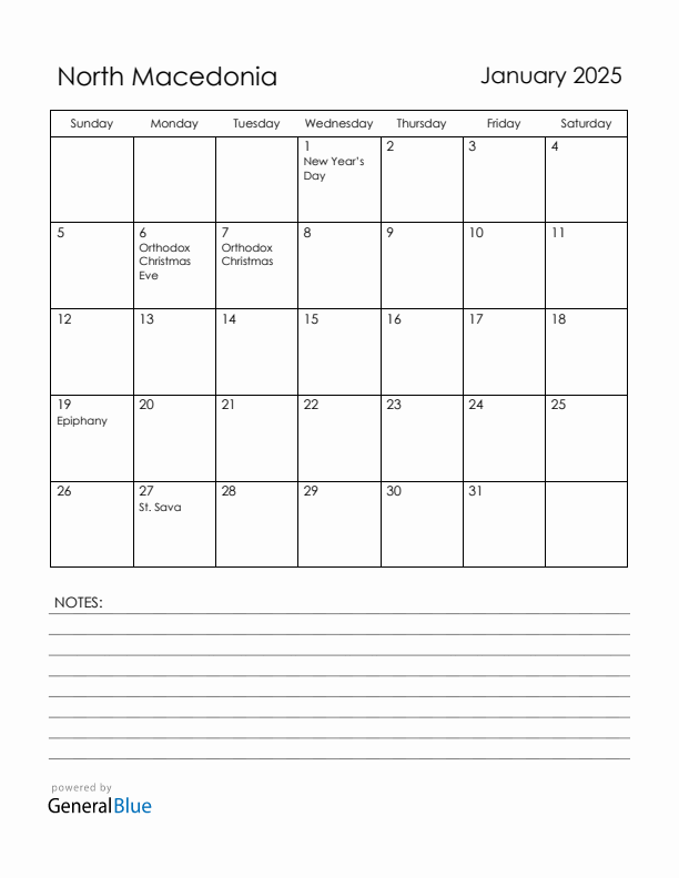 January 2025 North Macedonia Calendar with Holidays (Sunday Start)