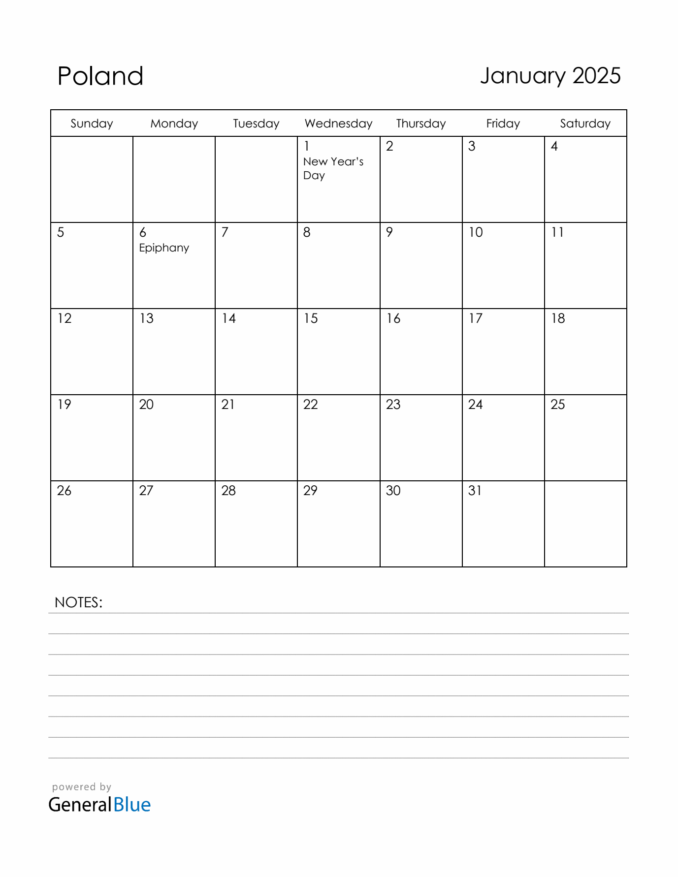 January 2025 Poland Calendar with Holidays (Sunday Start)