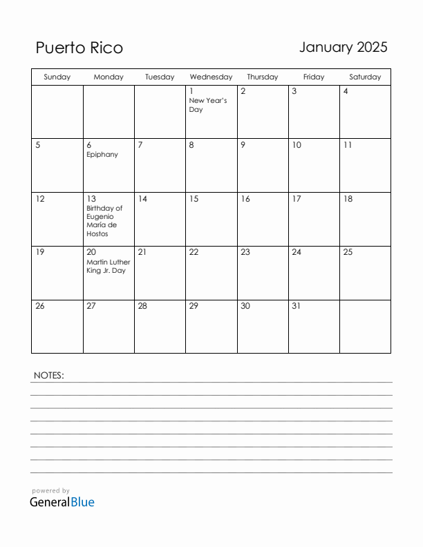 January 2025 Puerto Rico Calendar with Holidays (Sunday Start)