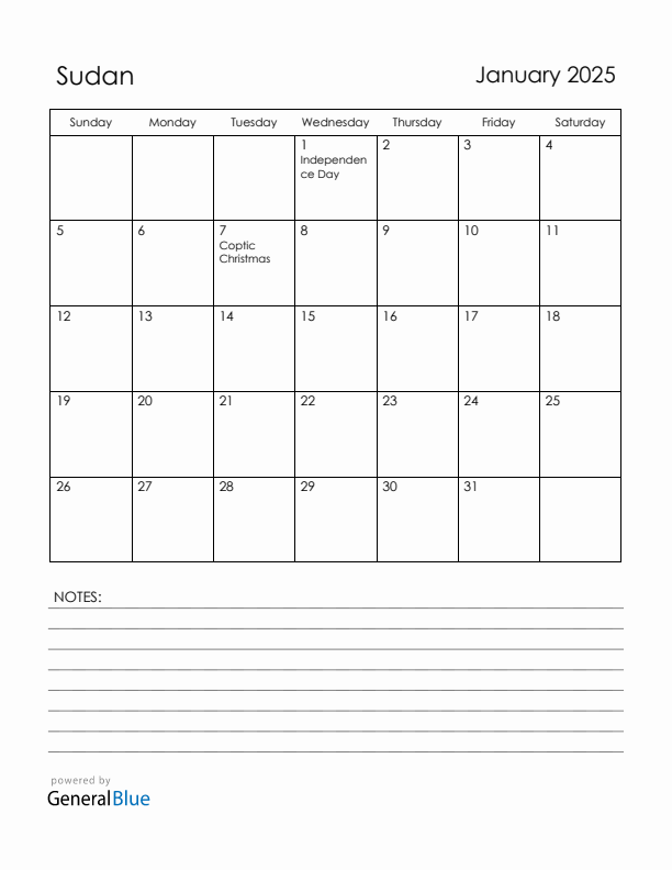 January 2025 Sudan Calendar with Holidays (Sunday Start)