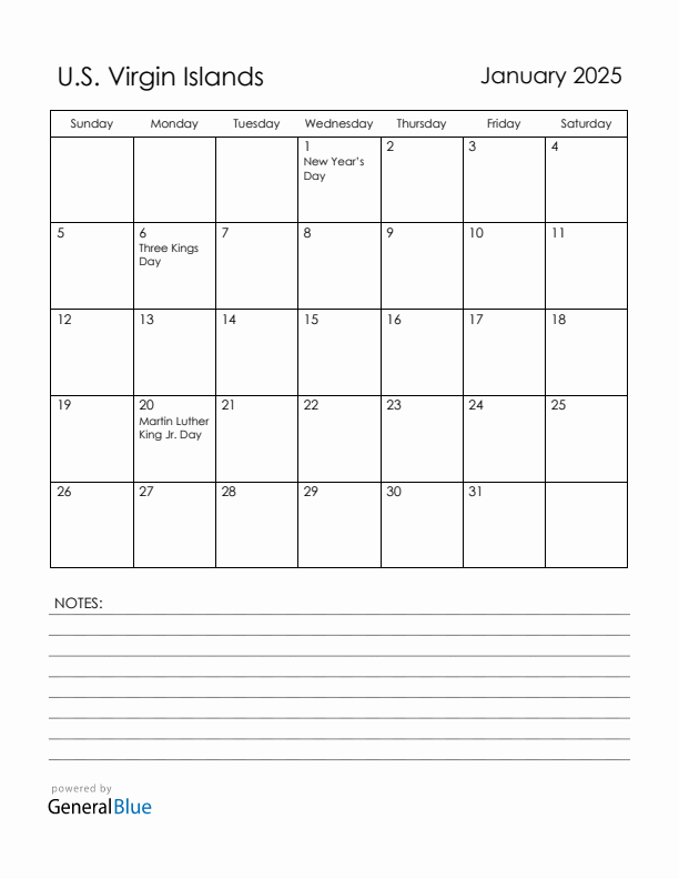 January 2025 U.S. Virgin Islands Calendar with Holidays (Sunday Start)