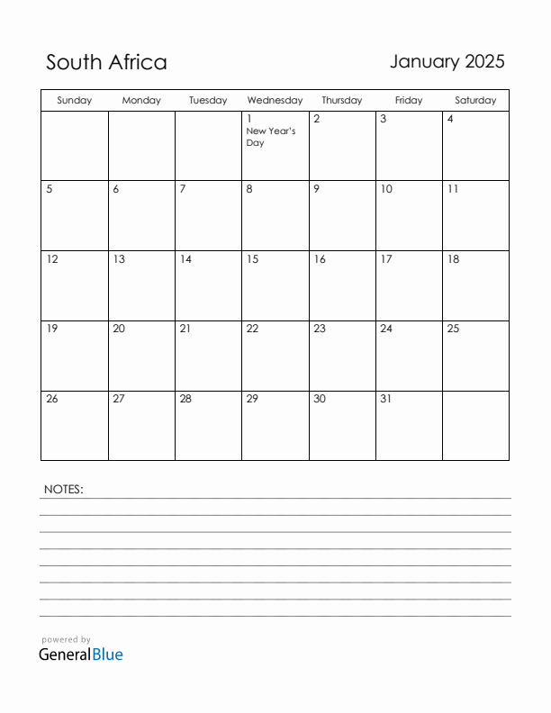 January 2025 Monthly Calendar with South Africa Holidays