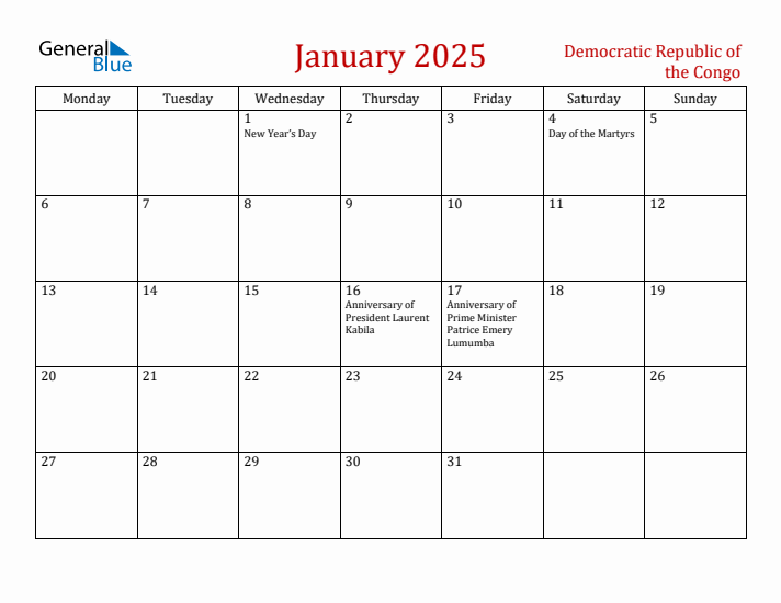 Democratic Republic of the Congo January 2025 Calendar - Monday Start